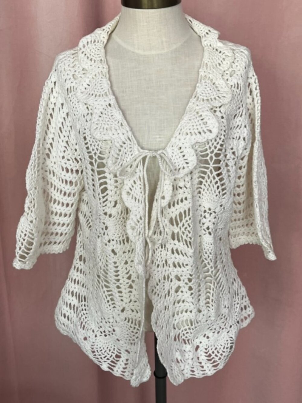 100% Cotton Crochet Cardigan XL Cream Knit Tie Front Boho Sweater